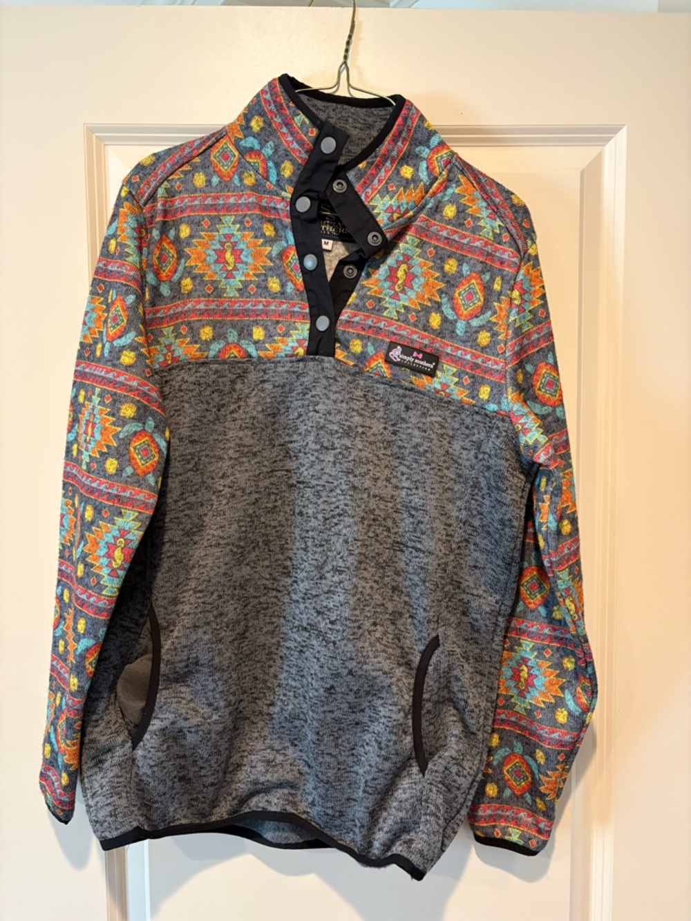 Simply Southern Women’s Gray Pullover Sweater with Colorful Aztec Yoke
